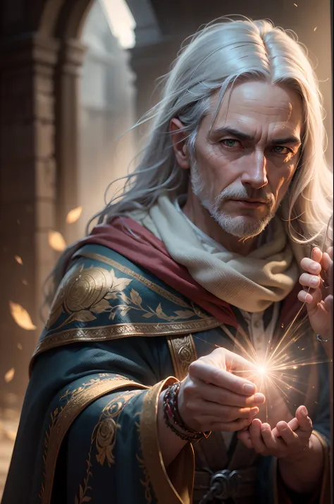 wizard holding a powerful bright light in his hands, natural lighting, dramatic lighting, photo realism, ray traced reflections, cinematic lighting, soft lighting, intricate details, depth of field, photography, cinematic shot, cold tone --auto --s2