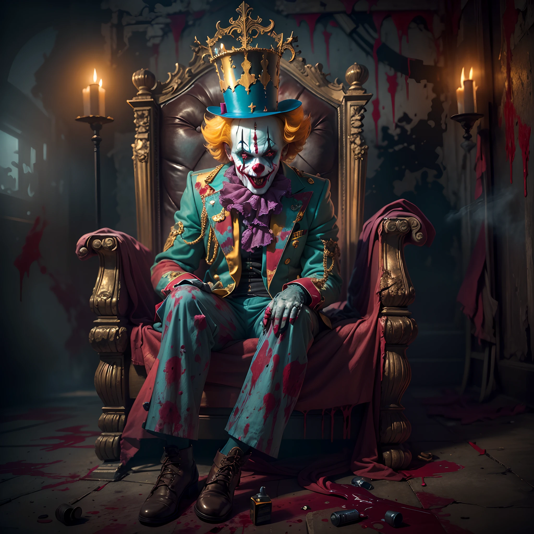 (Crazy clown), sitting on a golden throne, Wear a clown hat, Wear clown ...