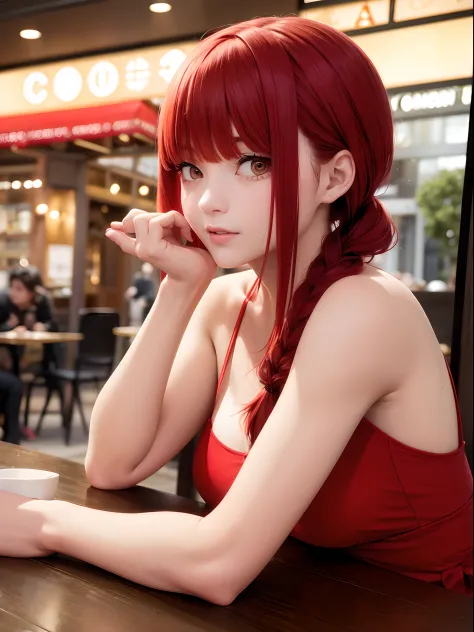 1 girl, red braided pony tail, cute pose, wearing a cute date red dress, setting in a cafe in paris, while having coffee, in a b...