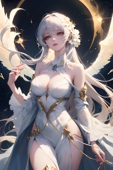 Best quality, Masterpiece, Anime style, Beautiful woman angel,Floating in the air ,Lightning corona,There are four beautiful large white wings ,Moon, Starcloud, meteors, Wearing a beautiful white dress, Eyes with super beautiful details, Precise iris depic...