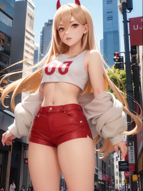 1 girl, smooth hair, cute devil horns, cute face, yellow eyes, standing in the street, wearing white crop top, red short shorts,...
