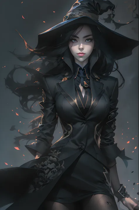 Sexy 1girl, The Witch in the Black Hat (beste-Qualit), (Masterpiece quality), ((business suit:1.5)). Detailed and detailed anato...