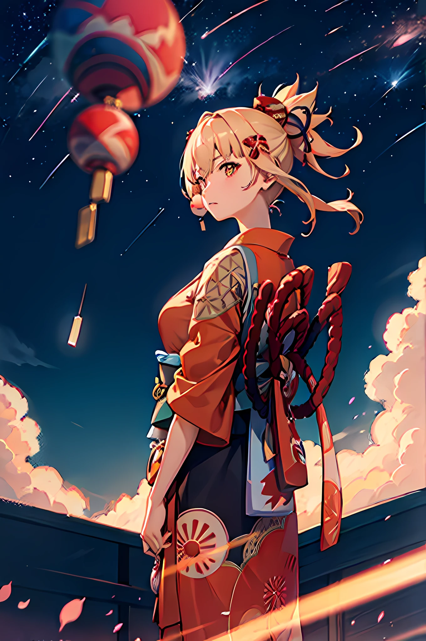 1girl, distant girl wearing a kimono staring at the stars, (zoomed out:1.1), (meteor shower:1.2), (comet:1.1), your name, low angle, from behind, aroura borealis, shooting star, yukata, red kimono, cherry blossoms, standing in a field,best quality, masterpiece, cloud,colorful, starry,stars,