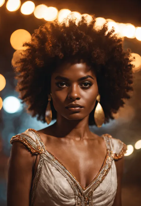 Headshot of Afro-Brazilian heroine Dandara dos Palmares, pele negra, brincos afros, colares, Determined and warlike expression; ...