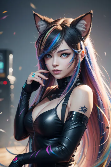 beautiful photorealistic photograph of a cyberpunk catgirl with long multicolor hair and swishing tail, ((Best quality)), ((masterpiece)), (detailed: 1.4), depth of field f/2.8,