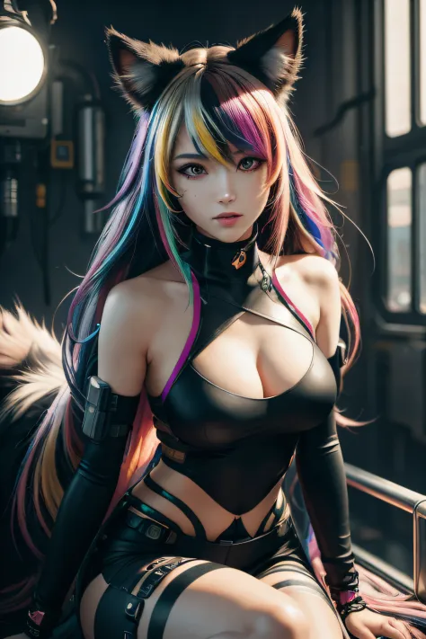 beautiful photorealistic photograph of a cyberpunk catgirl with long multicolor hair and swishing tail, ((Best quality)), ((masterpiece)), (detailed: 1.4), depth of field f/2.8,