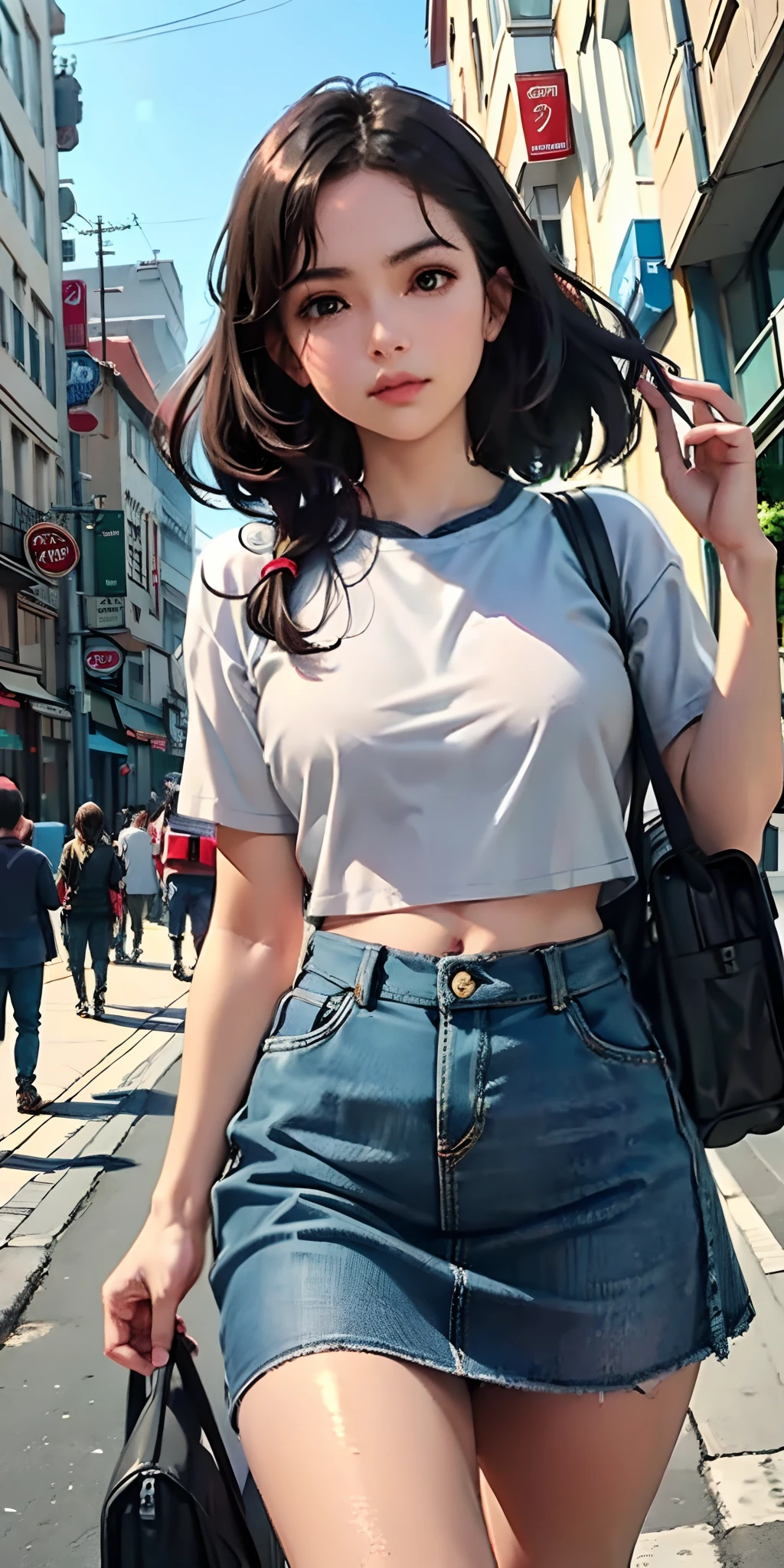 Best Quality, Beautiful Woman, curved, Cropped Top, miniskirt, City streets, Anime realism, Soft tones, Clean lines, perfect illustration