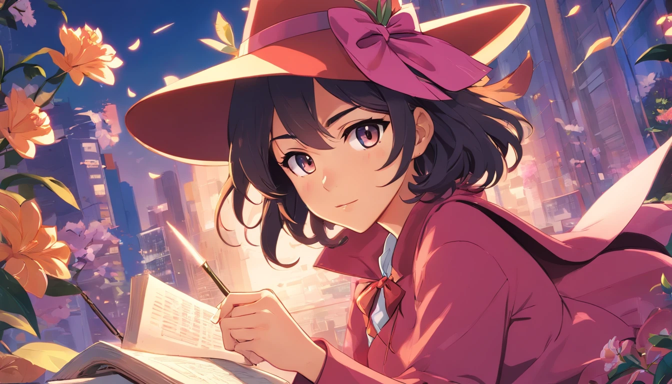 Anime girl in a hat reading a book in a garden - SeaArt AI