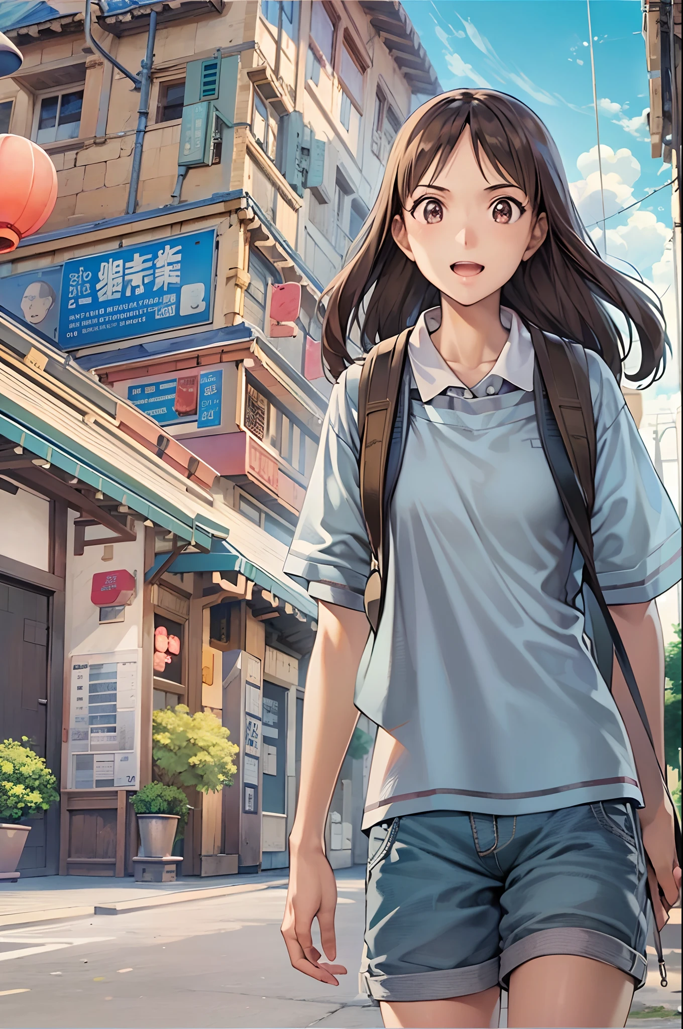 （（（Comic storyboard））），comic strip，Two-dimensional picture，Manhwa Style，Ultra-wide angle of view，China-style，A young girl with a schoolbag runs on the streets of a scenic town，Vivid and bright colors，super-fine，ultra - detailed，high qulity，8K ，oc rendered，dynamic viewing angle，Hyper-realistic，Hyper Real，Ultra photo realsisim