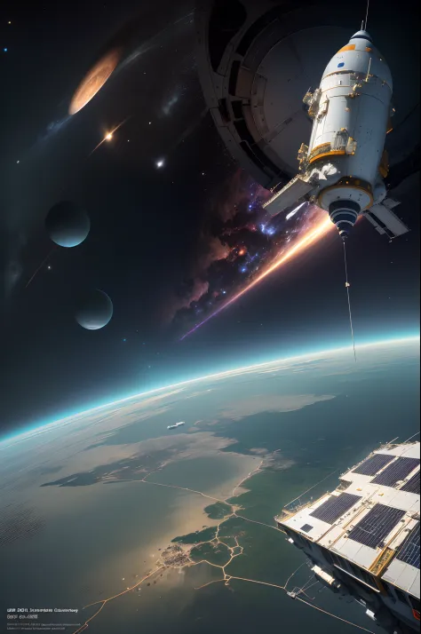An exciting image of a space station floating in the vast expanses of the universe, (Stunning cosmic background), (Detailed design of the spacecraft), (Realistic rendering), (Impressive scale and proportions), (Futuristic architecture), (Attention to scien...