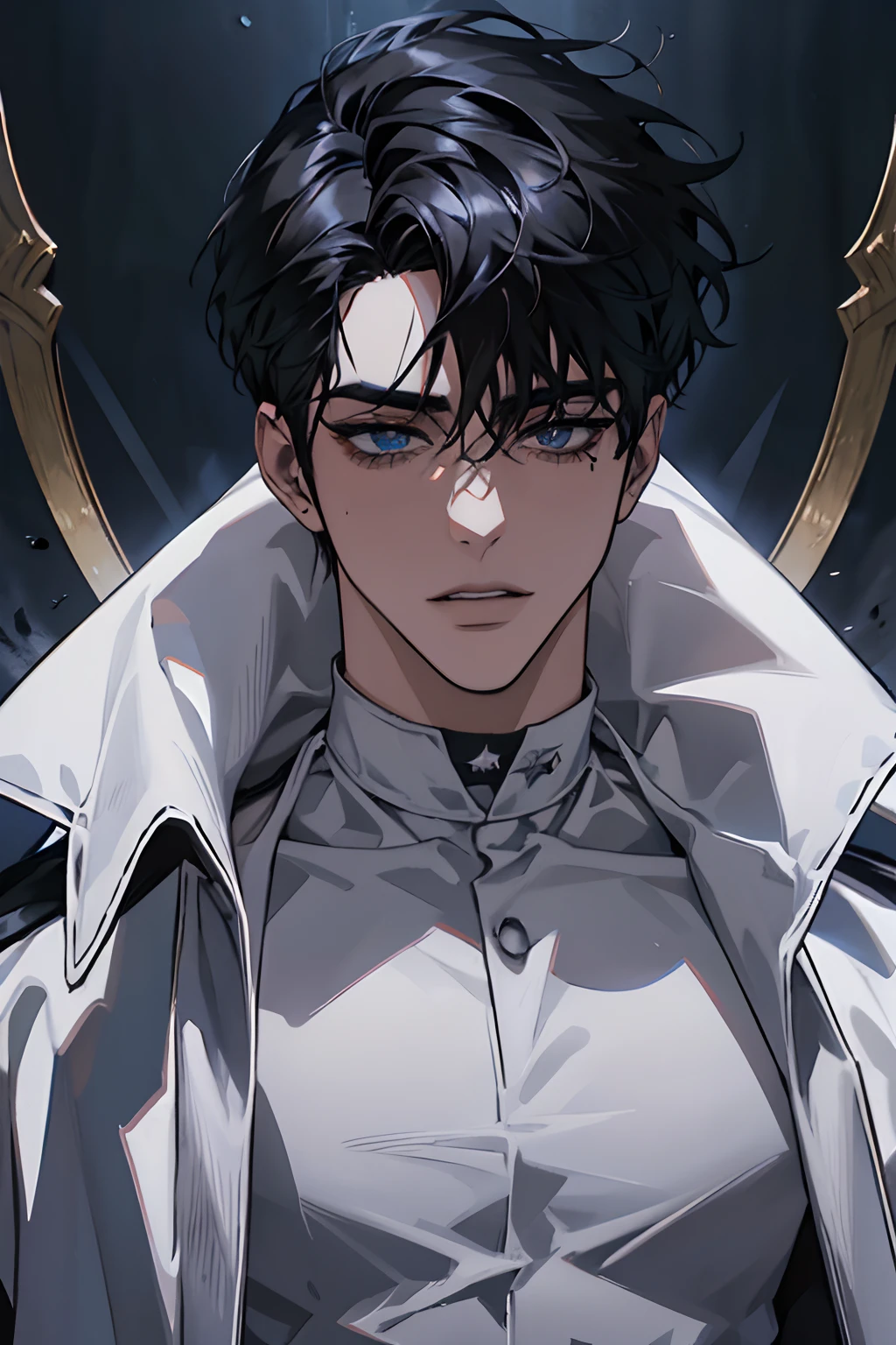 Manhwa Arte Europeo, 25 years old man, Messy headboard hair, Jet black hair, piercing eyes, thick eyebrows, Wear a vampire costume, yellow eyes, pointed ears, fangs protruding from its mouth, blood running from his mouth, threatening, sexy, sensual,  razor-sharp jawline, glare, Cold and mysterious character, 8k, Detailed features, very handsome