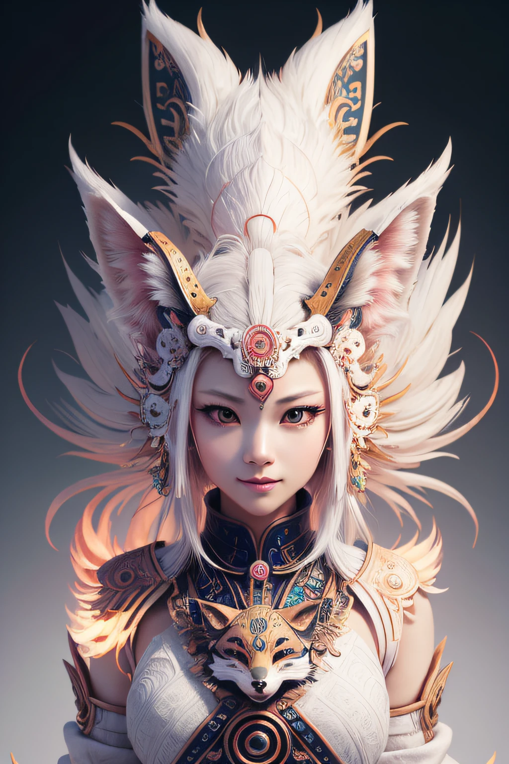 beautiful japanese young woman,Solo, Happy smiling official art, Unity 8k wallpaper, Ultra detailed, Beautiful and aesthetic, Beautiful, Masterpiece, Best quality, Kitsune witch, kitsune mask, Pink and white haori jacket, Foxfire spell, The fox is familiar, Transformation,Depth of field,