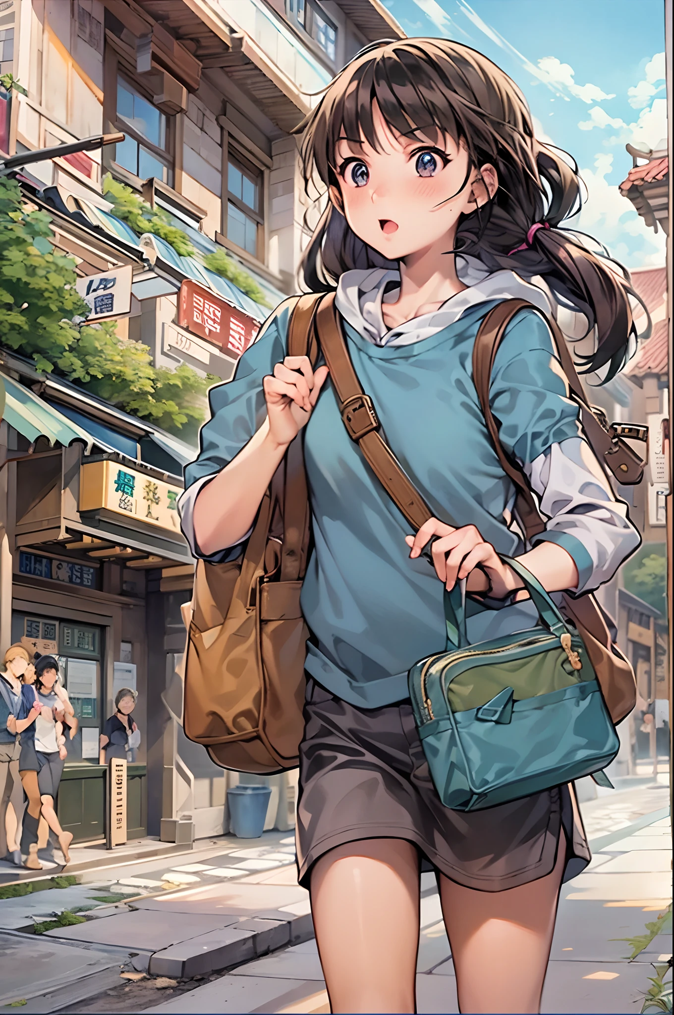 （（（Guión gráfico cómico））），tira cómica，imagen bidimensional，Estilo Manhwa，ángulo de visión ultra amplio，estilo chino，Una niña que lleva una mochila escolar corre por las calles de una ciudad pintoresca.，Colores vivos y brillantes，super-fine，ultra-detallado，alta calidad，8K ，oc renderizado，ángulo de visión dinámico，Híper realista，Hiperreal，Ultra realismo fotográfico