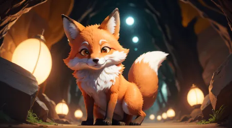 Adorable fox in Pixar movie style, cinematic lighthing, Depth detection, olhos grandes, muito fofo, 8k, em uma caverna, Cauda Longa, sorridente, muito feliz, corpo inteiro, olhos brigtness, acordando alegremente