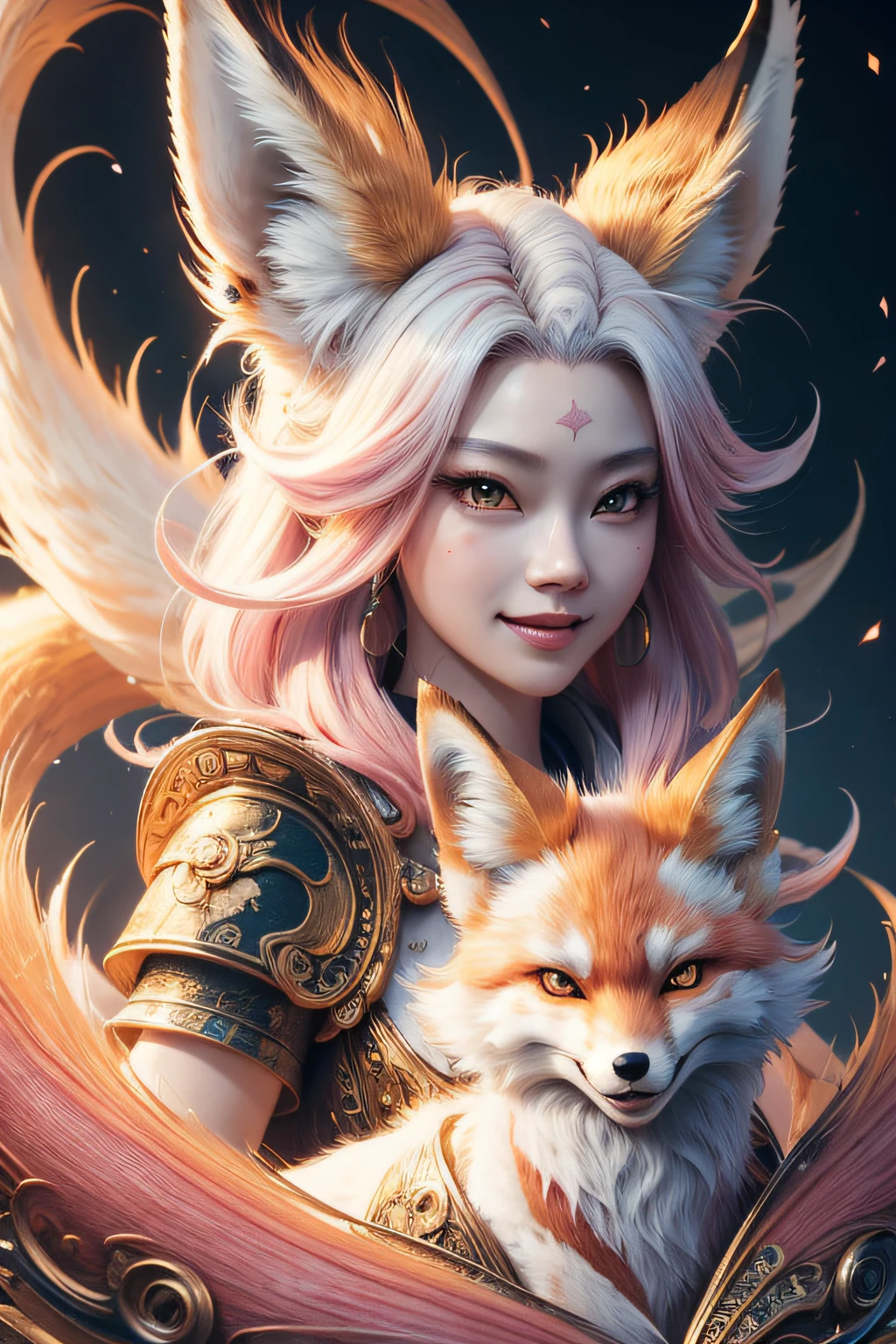 beautiful japanese young woman,Solo, Happy smiling official art, Unity 8k wallpaper, Ultra detailed, Beautiful and aesthetic, Beautiful, Masterpiece, Best quality, Kitsune witch, kitsune mask, Pink and white haori jacket, Foxfire spell, The fox is familiar, Transformation,Depth of field,