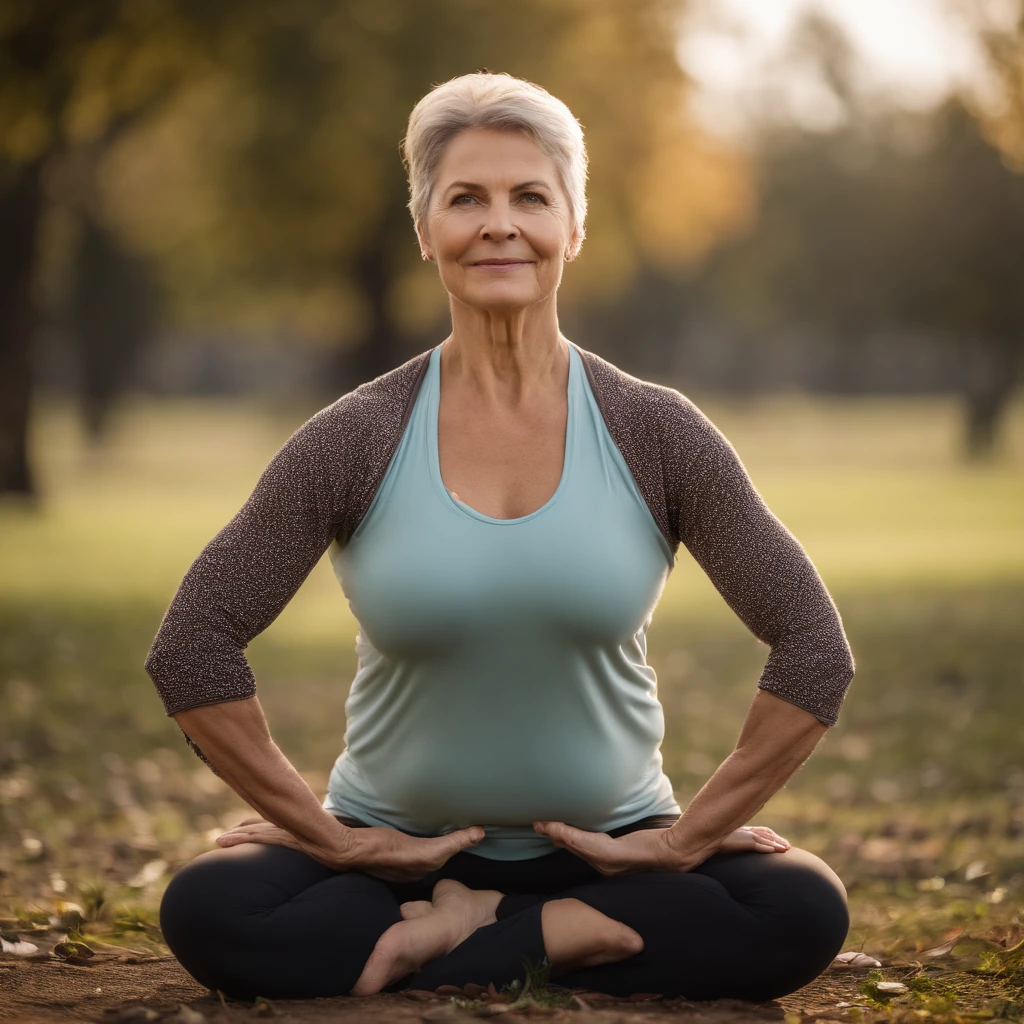 A woman sitting in a yoga pose in the park - SeaArt AI