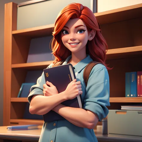 teacher with red hair, smiling, holding a book, at school, best quality, realism, 3d