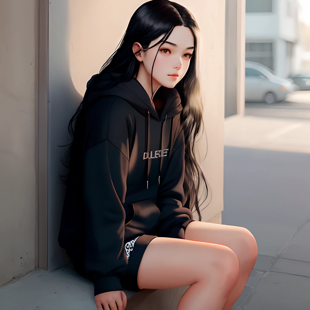 long black hair, navy blue hoodie, black shorts