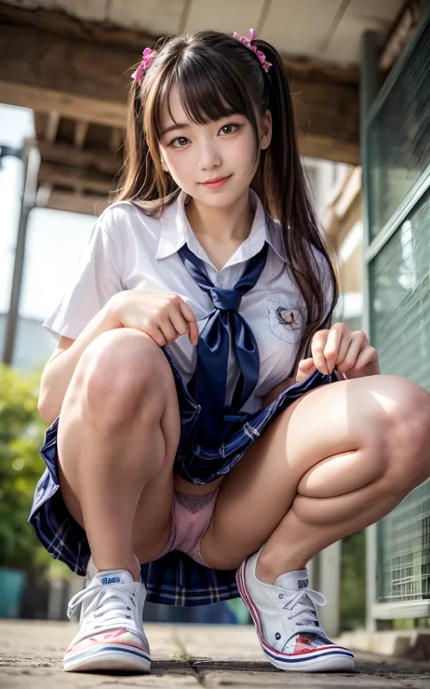 (NSFW:0.99)、a beauty girl, (Skirt lifting), looking in camera, Angle from below, Short skirt, Squatting, Shy smile, Japan school...