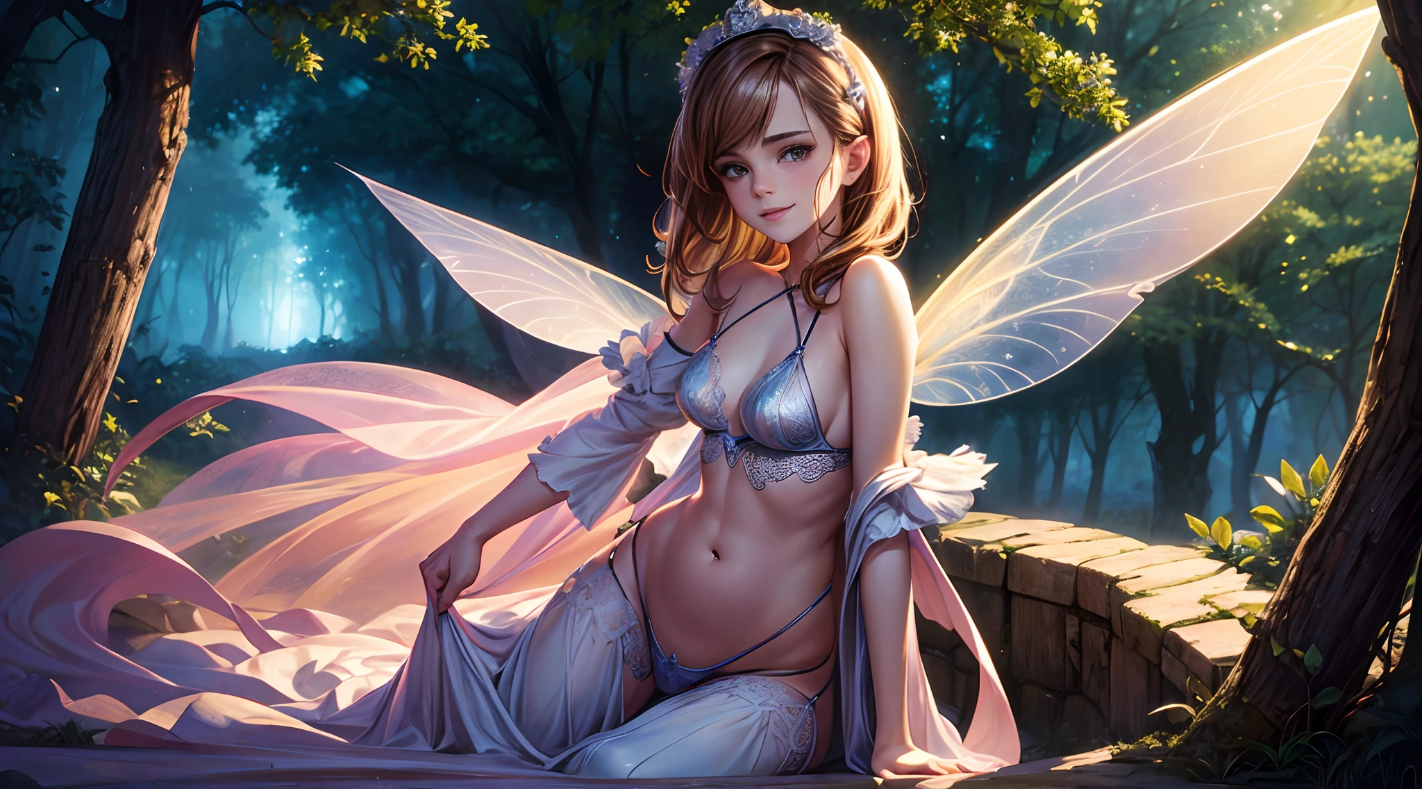 A woman in a fairy costume sitting on a rock in the woods - SeaArt AI