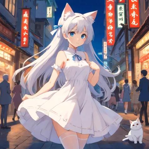 Stand barefoot，Masterpiece，long whitr hair，Extremely tall girls，A giantess，In the city，Full limbs，The face is delicate，White double ponytail，blue color eyes，White Lolita，Long-range shots，white stockings，There are cat ears on the head, white dresses， silber...