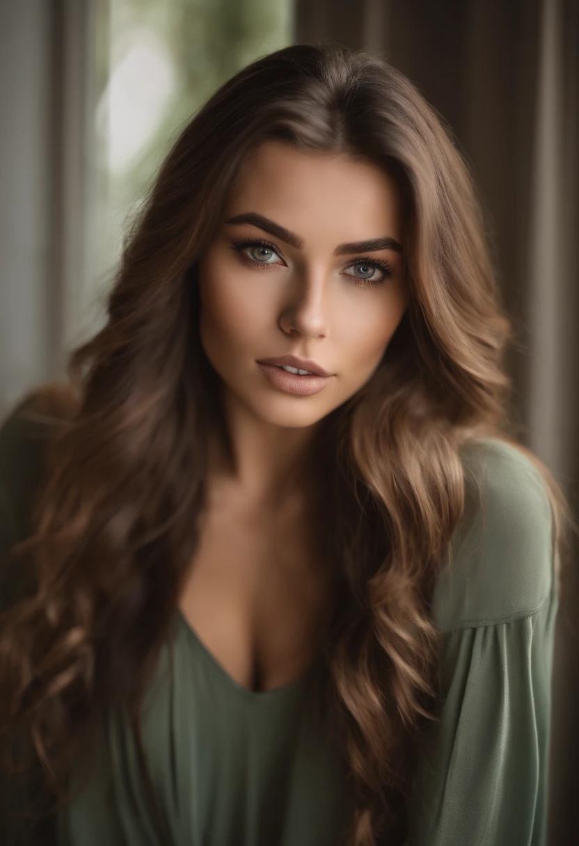 Arafed woman with a white tank top and necklace, fille sexy aux yeux verts, Portrait Sophie Mudd, cheveux bruns et grands yeux, selfie of a young woman, Yeux de chambre, Violet Myers, sans maquillage, maquillage naturel, looking straight at camera, Visage avec Artgram, Maquillage subtil, Superbe photo du corps entier, piercing green eyes, Bel angle, pose attrayante, fille mignonne, sexy pose, Image du corps entier, corps entier, Prise de vue du corps entier, brunette goddess, High detail, pose satisfaite, Pantalon en cuir