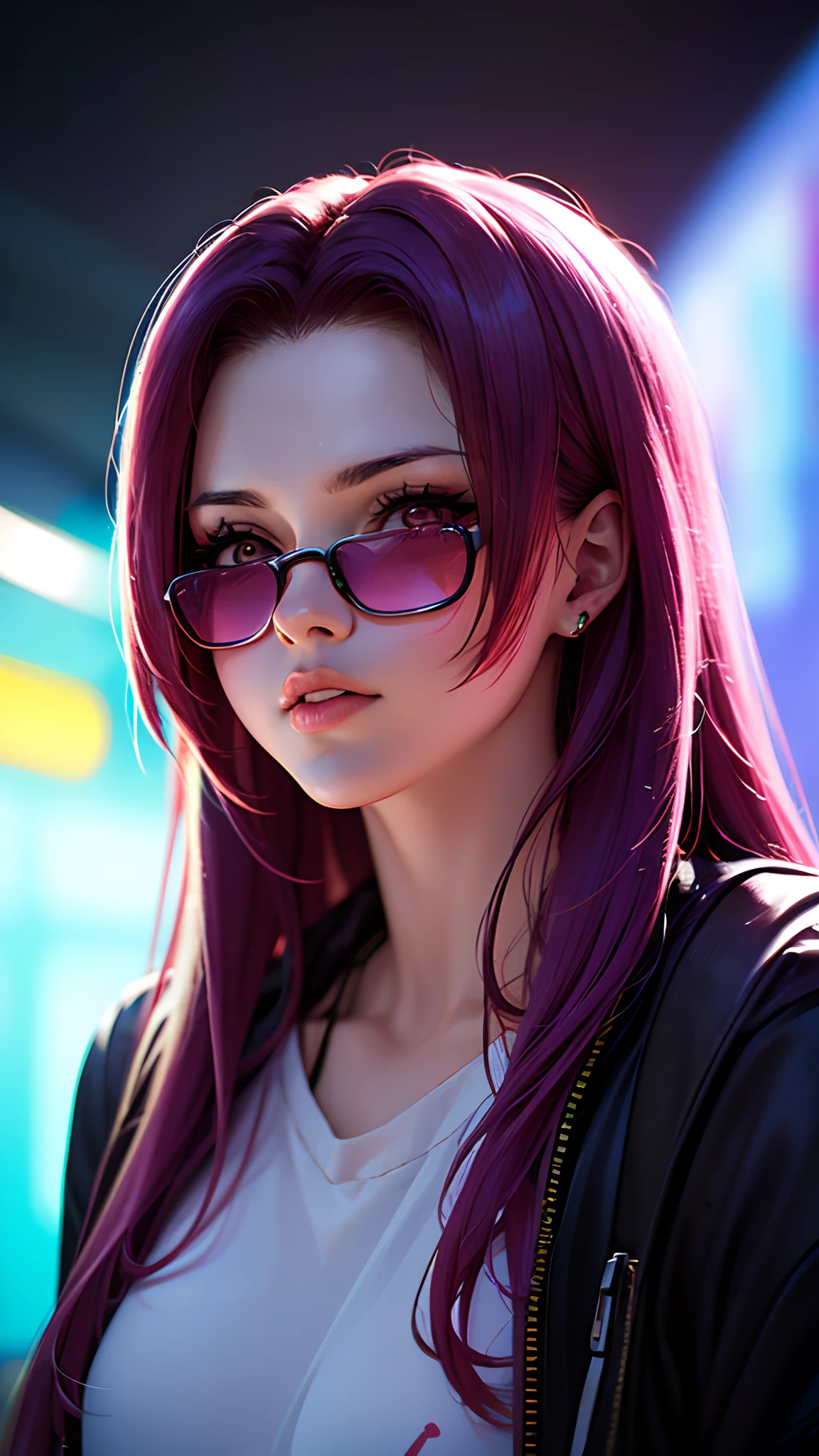 best quality,ultra-detailed,bokeh,realistic,photo-realistic:1.37,A character Anime, Boa Hancock, cyberpunk style,hypebeast streetwear, vivid colors, portraits, bright purple and pink shades, dramatic lighting