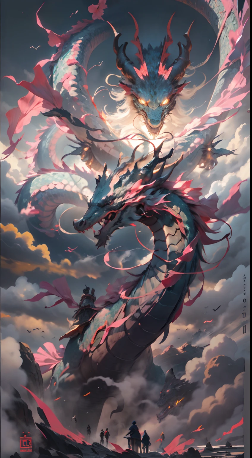 The Chinese White Divine Dragon rose into the air，（Dark Mage manipulates the dragon：1.3），（The dark magician girl stands up：1.3），battle pose. Casting spells 1.4 The clouds of heaven surround the surroundings with light，Fantastic background，Background meaning，Ridiculous background，There are artistic overlays，blond hair, surrealism, cinematic lighting, ray tracing, Light of God, Speed Line, view angle, hiper HD, masterpiece, The best quality, super detail, A high resolution, high quality，（distant view：1.3）