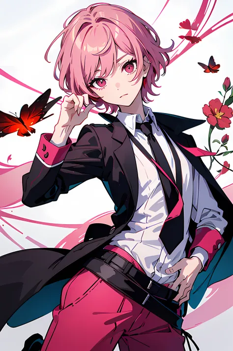 16k,quadratic element，Libido boy,Pink hair，White shirt inside，Black and red color scheme，Modern style，Background flying flowers