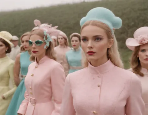 8k photo shot from drone of a 1960s science fiction film by Wes Anderson, Vogue anos 1960, pink pastel colors, amarelo, azul, verde, There are people wearing weird futuristic chameleon masks and wearing extravagant retro fashion outfits and men and women w...