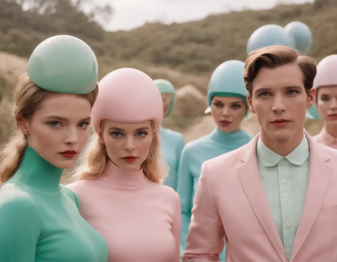 8k photo shot from drone of a 1960s science fiction film by Wes Anderson, Vogue anos 1960, pink pastel colors, amarelo, azul, verde, There are people wearing weird futuristic chameleon masks and wearing extravagant retro fashion outfits and men and women w...