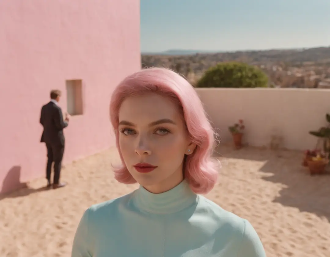 8k photo from roof above isometric of a 1960s science fiction film by Wes Anderson, Vogue anos 1960, pink pastel colors, amarelo, azul, verde, There are people wearing weird futuristic chameleon masks and wearing extravagant retro fashion outfits and men a...
