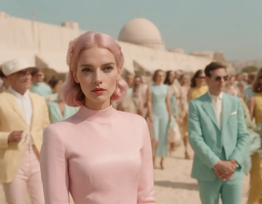 8k photo from roof above isometric of a 1960s science fiction film by Wes Anderson, Vogue anos 1960, pink pastel colors, amarelo, azul, verde, There are people wearing weird futuristic chameleon masks and wearing extravagant retro fashion outfits and men a...