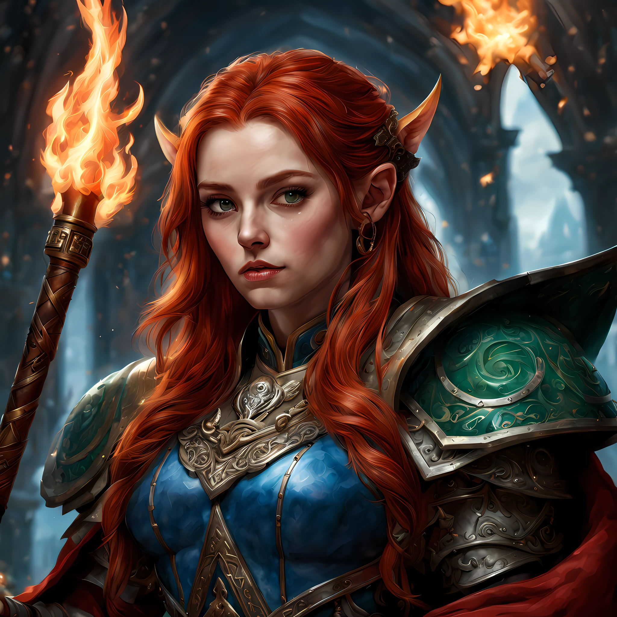 high details, best quality, 8k, [ultra detailed], masterpiece, best quality, (extremely detailed), dynamic angle, ultra wide shot, photorealistic, fantasy art, dnd art, rpg art, realistic art, an ultra wide picture of female dwarf cleric, holding axe with red fire on it , casting a spell, wearing heavy armor, white armor (best details, Masterpiece, best quality: 1.5), blue cloak (intricate details, Masterpiece, best quality), holy symbol,(best details, Masterpiece, best quality: 1.5),  from symbol GlowingRunes_paleblue, beautiful female dwarf, ultra detailed face, ultra feminine, red hair, intense eyes, green eyes, D&D female dwarf (best details, Masterpiece, best quality: 1.5) fantasy temple background, celestial background, ((divine worship atmosphere)), high details, best quality, highres, ultra wide angle