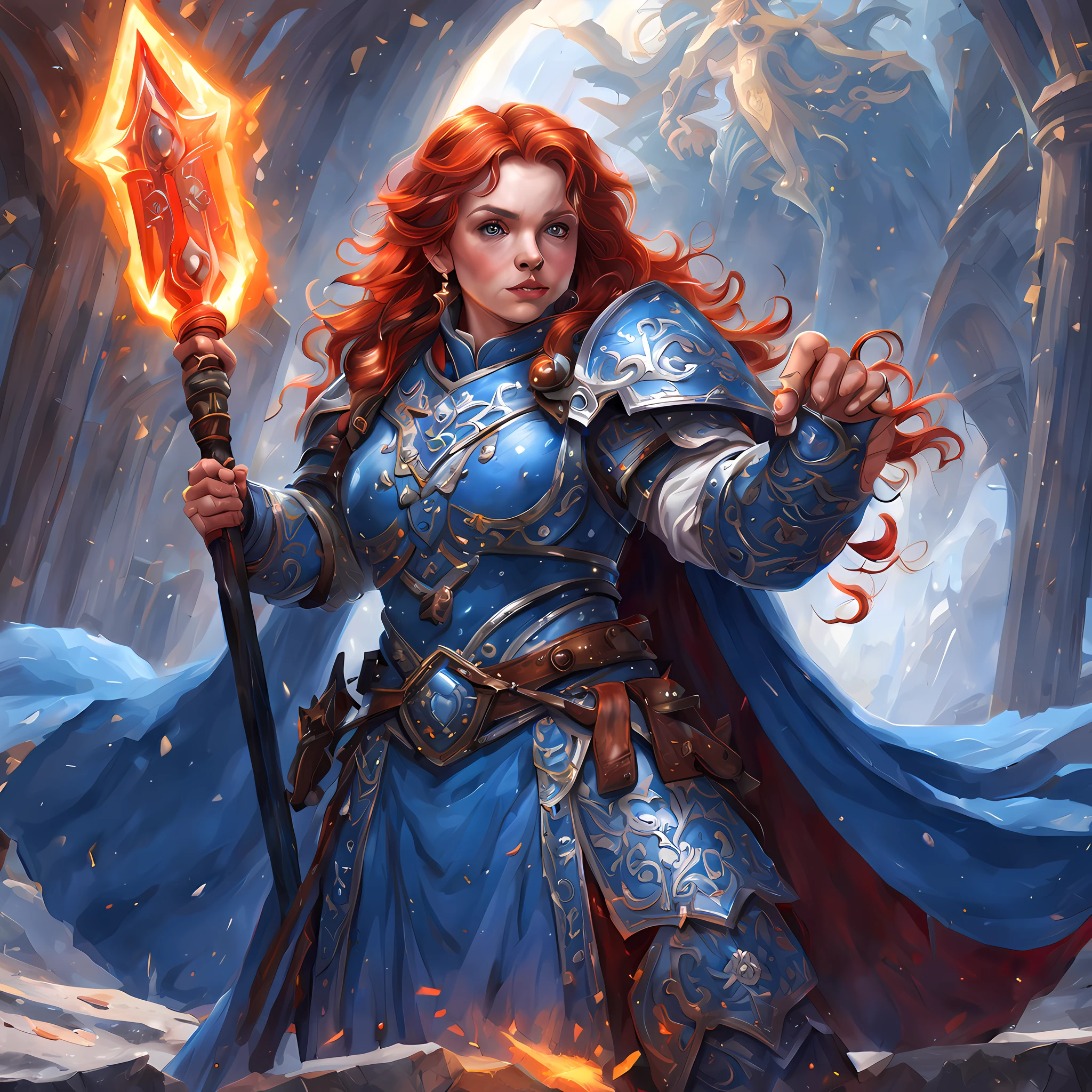 high details, best quality, 8k, [ultra detailed], masterpiece, best quality, (extremely detailed), dynamic angle, ultra wide shot, photorealistic, fantasy art, dnd art, rpg art, realistic art, an ultra wide picture of female dwarf cleric, holding axe with red fire on it , casting a spell, wearing heavy armor, white armor (best details, Masterpiece, best quality: 1.5), blue cloak (intricate details, Masterpiece, best quality), holy symbol,(best details, Masterpiece, best quality: 1.5),  from symbol GlowingRunes_paleblue, beautiful female dwarf, ultra detailed face, ultra feminine, red hair, intense eyes, green eyes, D&D female dwarf (best details, Masterpiece, best quality: 1.5) fantasy temple background, celestial background, ((divine worship atmosphere)), high details, best quality, highres, ultra wide angle