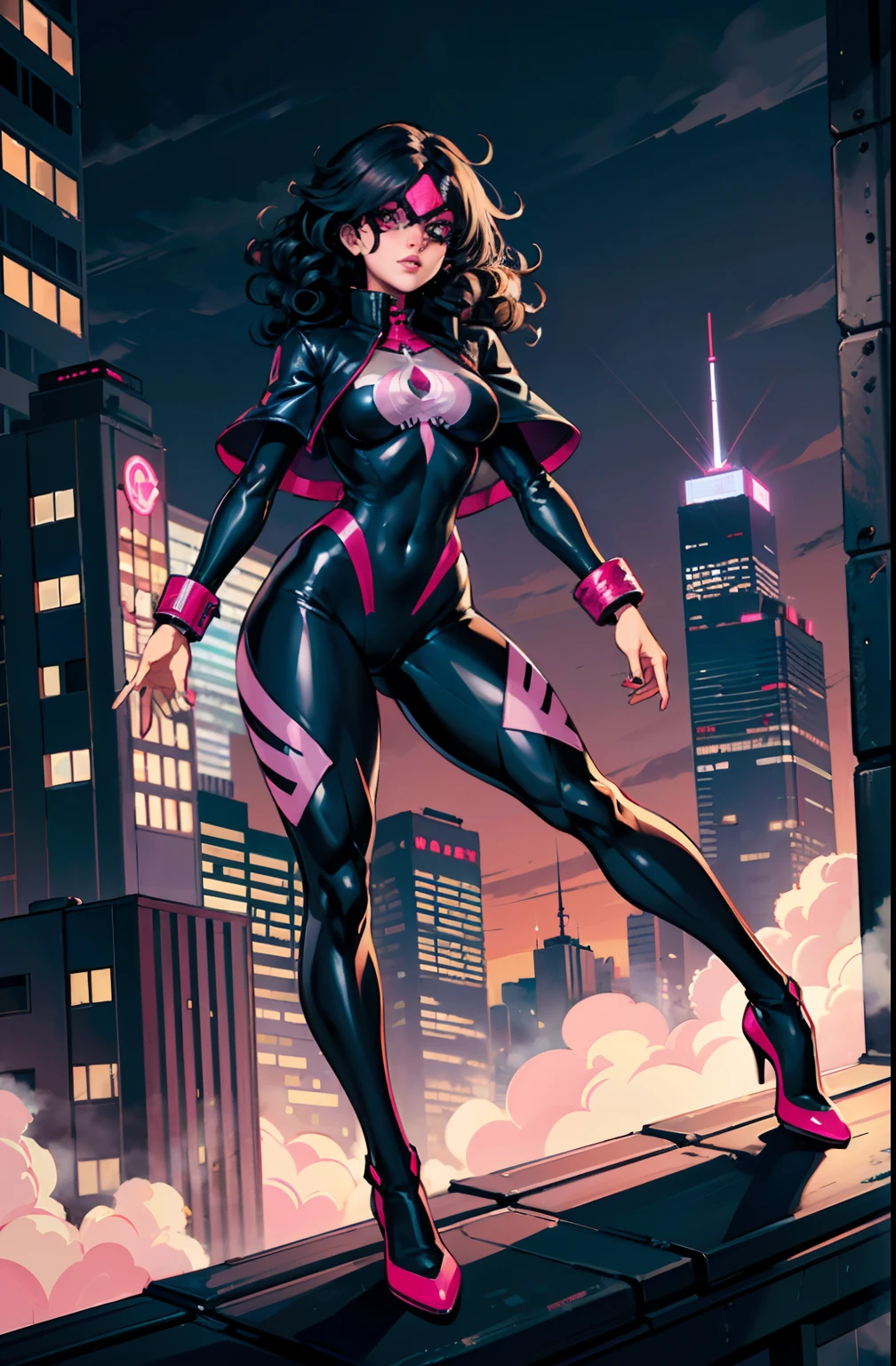 A woman in a black and pink suit standing on a ledge - SeaArt AI