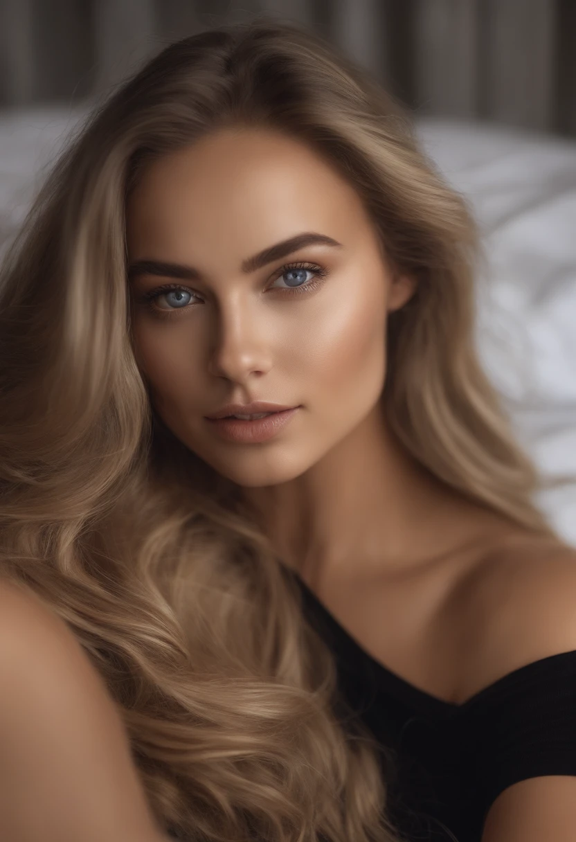 A close up of a woman with long blonde hair laying on a bed - SeaArt AI