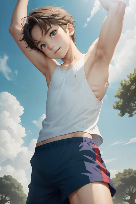 Anime style,Summer sky、Into the cloud、1boy,Little Boy,Boy climbing a large oak tree towering over a hill。Cheerful boy。Tank Tops,...