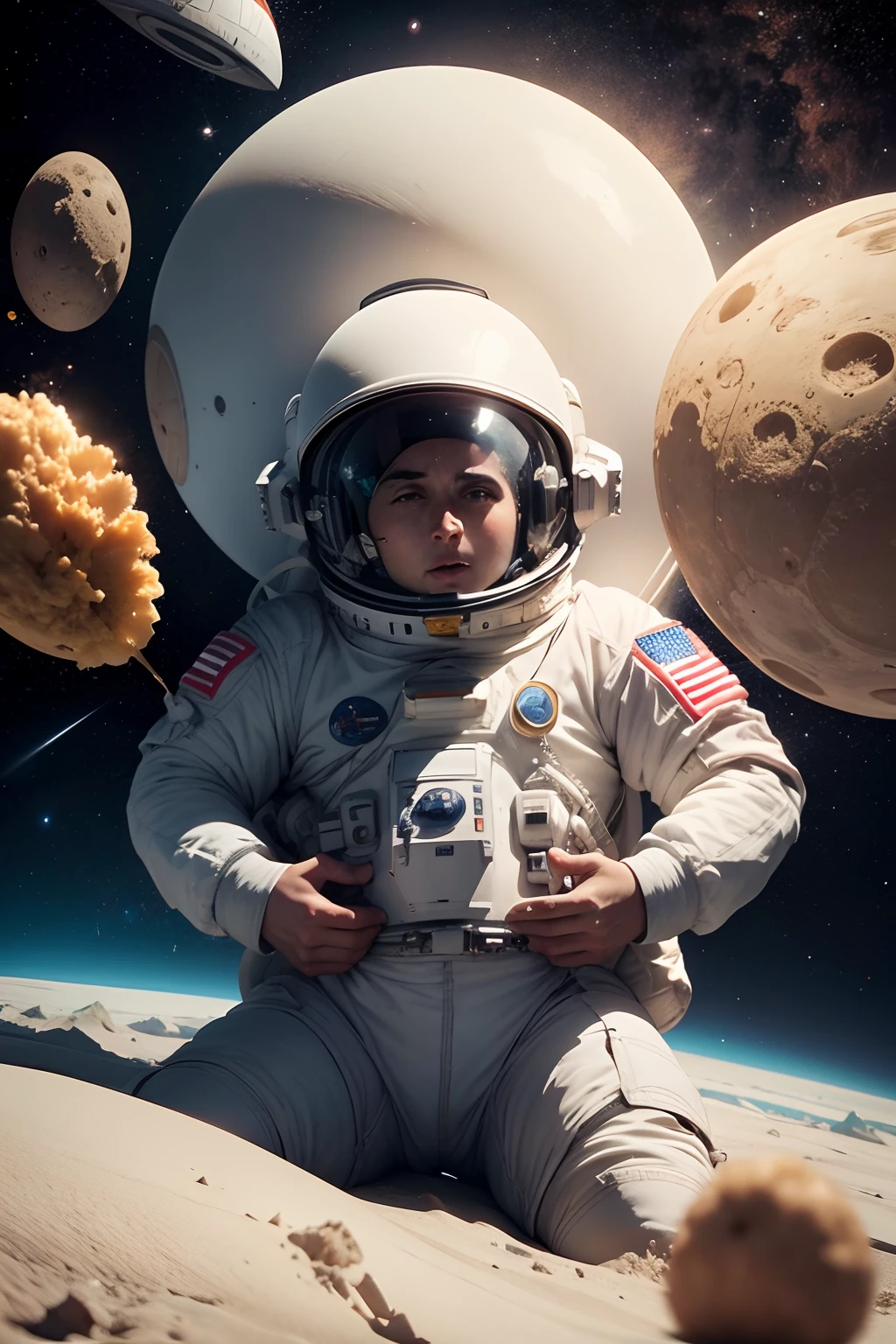 Astronaut sitting on the ground with a camera in his hand - SeaArt AI