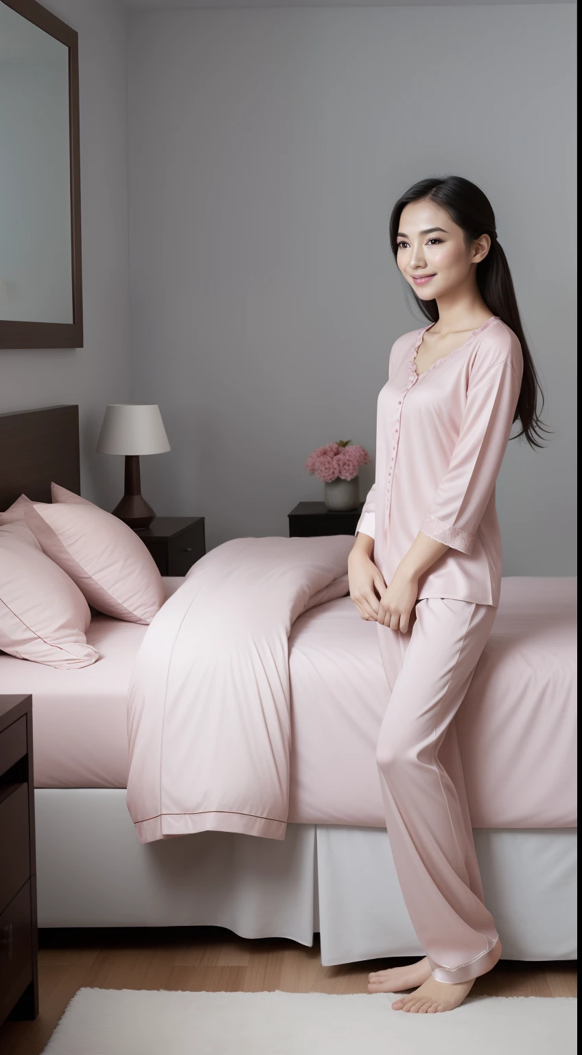 Arafed woman in pink pajamas sitting on a bed in a bedroom - SeaArt AI