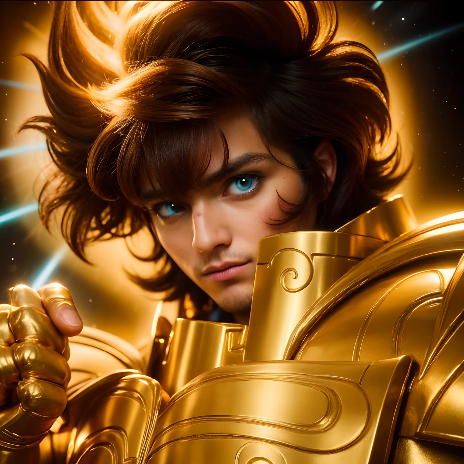 Cinematic soft lighting illuminates a stunningly detailed and ultra-realistic Leo Aiolia of Saint Seiya. Close up.  He is waring a golden futuristic armor that is trending on ArtStation. Octane is the perfect tool to capture the softest details of this 16k photography masterpiece. He is a handsome caucasian man about 30 years old. 1boy. Beautiful face. Detailed face. Beautiful nose. (Pretty big turquoise eyes). Shaved. He has light brown hair. Messy hair. ((pretty big turquoise eyes)). Shaved. and a closed fist. He is staring his enemy. Meaning light golden aura of power. Cosmic background.