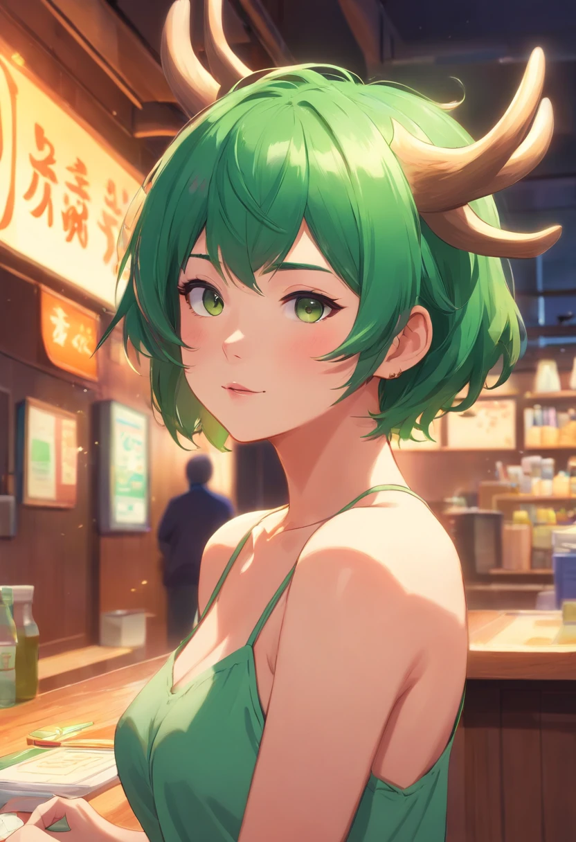 beautiful deer girl with short pixie green hair and curvy body type, chubby, , nsfw