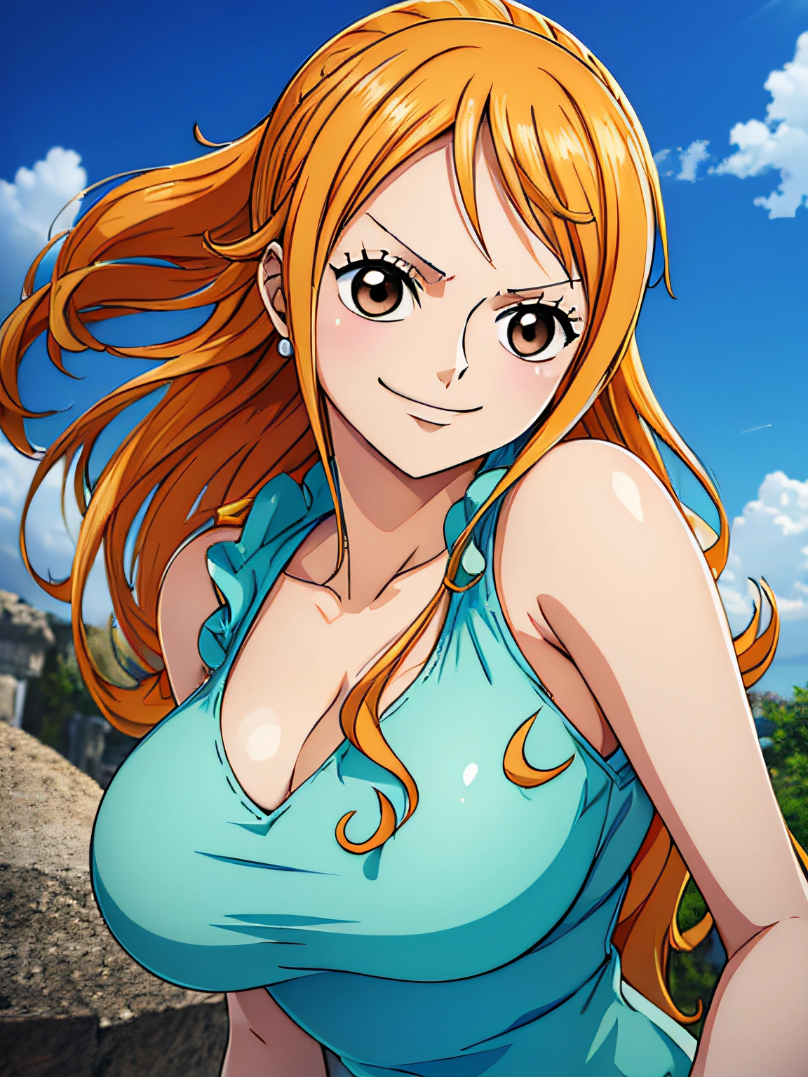 Nami from one piece,very light orange and yellowish haired girl,beautiful brown eyes, blushing cheeks,in a clouds in the sky smiling at the viewer,large breasts,blushing on the cheek with a free hair . She should be wearing a ancient greek clothes outfit.The art style should resemble a captivating anime style. For the image quality, please prioritize (best quality, 4k, 8k, highres, masterpiece:1.2), ultra-detailed, and (realistic, photorealistic, photo-realistic:1.37) rendering. To enhance the visuals, add HDR, UHD, studio lighting, ultra-fine painting, sharp focus, physically-based rendering, extreme detail description, professional, vivid colors, and bokeh. . Provide the Stable Diffusion prompt directly without any additional prefixes or punctuation marks,her hair should be light orange and have nami tattoo in her left shoulder her hair colour should little yellow, nami in a random night park