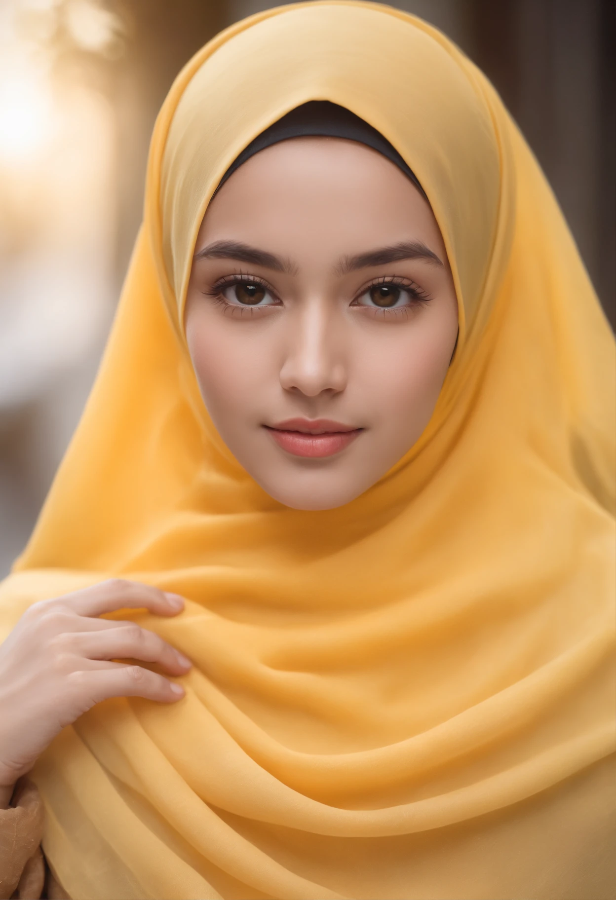 Photo portrait of a beautiful Bandung girl wearing a hijab and dimples, around 17 years old, (plain yellow hijab), (portrait medium shot:1.3), dramatic light, Rembrandt lighting scheme, (hyperrealism:1.2), (8K UHD: 1.2), ( photorealistic:1.2), shot with Canon EOS 5D Mark IV, facial detail, skin texture detail. standing in street