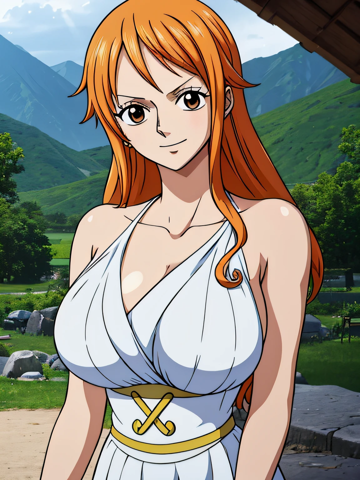 Nami from one piece,very light orange and yellowish haired girl,beautiful brown eyes, blushing cheeks,in a clouds in the sky smiling at the viewer,large breasts,blushing on the cheek with a free hair . She should be wearing a ancient greek clothes outfit.The art style should resemble a captivating anime style. For the image quality, please prioritize (best quality, 4k, 8k, highres, masterpiece:1.2), ultra-detailed, and (realistic, photorealistic, photo-realistic:1.37) rendering. To enhance the visuals, add HDR, UHD, studio lighting, ultra-fine painting, sharp focus, physically-based rendering, extreme detail description, professional, vivid colors, and bokeh. . Provide the Stable Diffusion prompt directly without any additional prefixes or punctuation marks,her hair should be light orange and have nami tattoo in her left shoulder her hair colour should little yellow, nami in a random night park