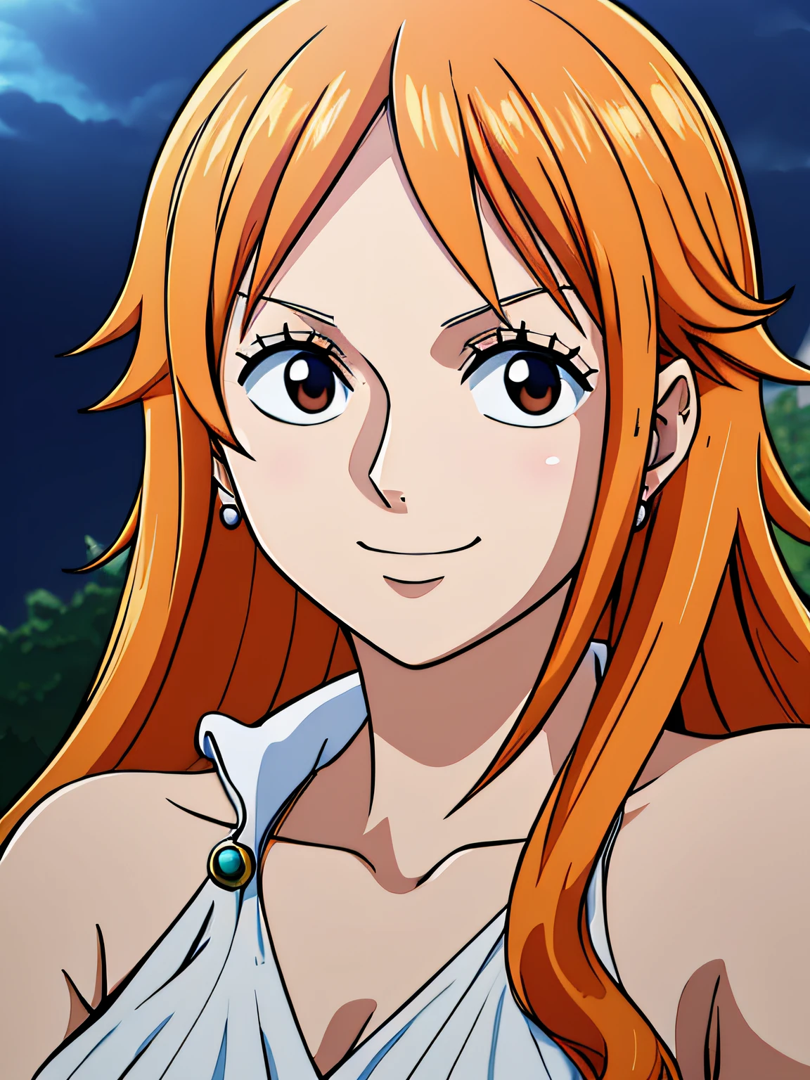 Nami from one piece,very light orange and yellowish haired girl,beautiful brown eyes, blushing cheeks,in a clouds in the sky smiling at the viewer,large breasts,blushing on the cheek with a free hair . She should be wearing a ancient greek clothes outfit.The art style should resemble a captivating anime style. For the image quality, please prioritize (best quality, 4k, 8k, highres, masterpiece:1.2), ultra-detailed, and (realistic, photorealistic, photo-realistic:1.37) rendering. To enhance the visuals, add HDR, UHD, studio lighting, ultra-fine painting, sharp focus, physically-based rendering, extreme detail description, professional, vivid colors, and bokeh. . Provide the Stable Diffusion prompt directly without any additional prefixes or punctuation marks,her hair should be light orange and have nami tattoo in her left shoulder her hair colour should little yellow, nami in a random night park