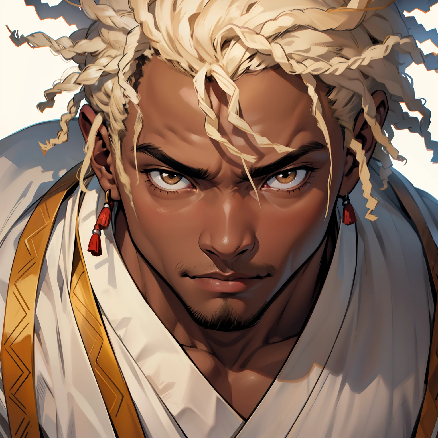 anime black man, bleached blonde hair, afro hairstyle, dark brown eyes, dark skin, muscular build, very physically strong, traditional japanese white clothing, topless, close up head shot, cloudy background