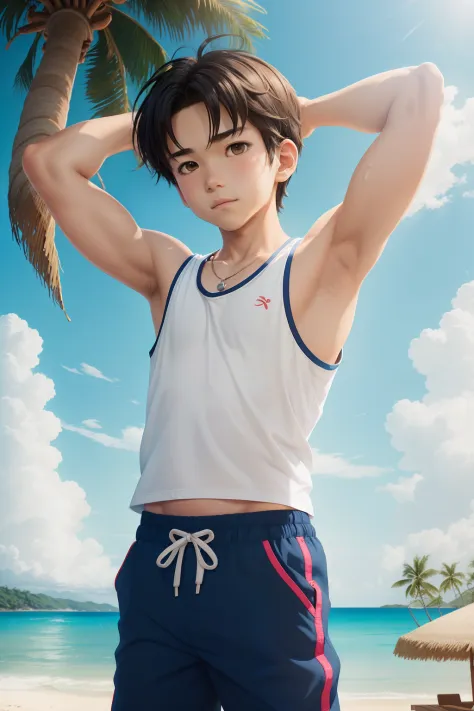 Anime style,Summer sky、Into the cloud、1boy,Little Boy,beach, coconut tree, Cheerful boy。Tank Tops、breeches、sneakers、(show his ar...