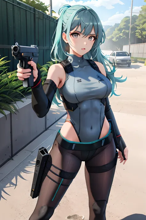 1girl, grey eyes, long aqua hair, aiming at viewer, holding pistol, handgun, masterpiece, detailed shadows, detailed light, high...