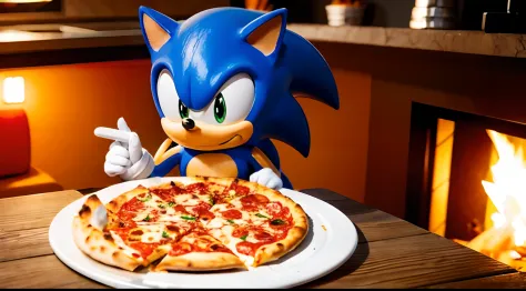 SONIC EATING A PIZZA IN A BEAUTIFUL, LIT AND WELL BUZZY PIZZARIA